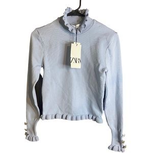 Zara Womens Sweater Ruffle edge's Turtleneck Lightweight Blue Sz S Jewels NWT